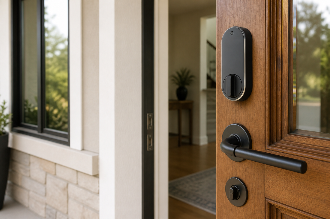 Unbranded smart door lock installed on a residential front door