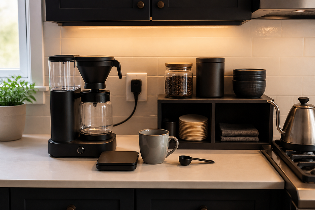 Organized smart coffee station with a brewer, storage, scale, task lighting, and accessible controls