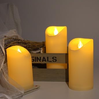 CANDLE CHOICE Outdoor Battery Operated Flameless Candles with Remote Timer Waterproof Flickering Plastic Electric LED Pillar Lights for Lantern Patio Garden Wedding Party Decoration 3”x5”,6”,7” 3 Pack
