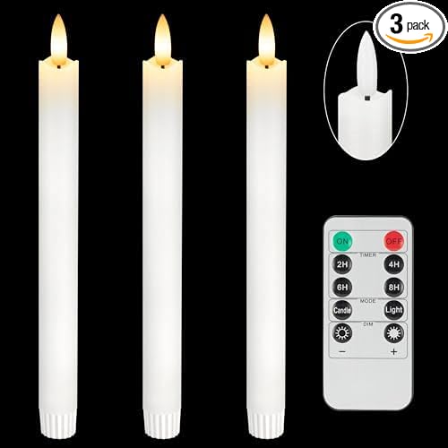 Flameless Taper Candles with Remote, Real Wax Battery Operated LED Candles Set with 3D Flickering Flame, 9.6" Realistic Dripless Candlesticks for Wedding Home Decor, 3 Pack White