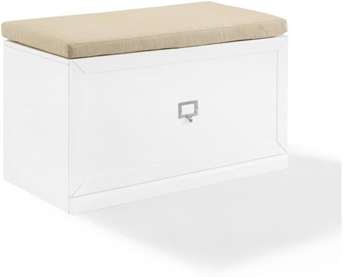 BOWERY HILL Modern Wood Entryway Bench, 20.5" H x 33" W x 16.5" D, White/Tan Finish, Linen Seat Cushion, Large Storage Drawer, Modular Design, Living Room or Entryway Furniture