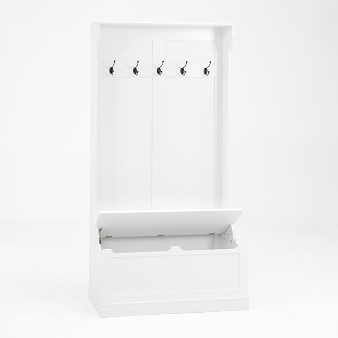 Hall Tree with Bench and Shoe Storage, Entryway Organizer with 5 Hooks, Cushioned Mudroom Storage Benchs with Coat Rack for Hallway and Living Room, White