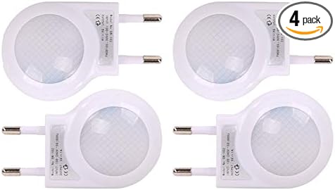 4 Pack of White EU 2-pin Plug - Portable Plug-in 0.7W Travel LED Night Light with Light Sensor Controlled Dusk to Dawn, No USB Port