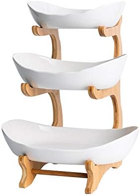 3 Tier Fruit Bowl Stand with Bamboo Frame and White Porcelain Bowls, Elegant Countertop Organizer for Fruits, Snacks and Desserts, Stylish Kitchen and Dining Decor