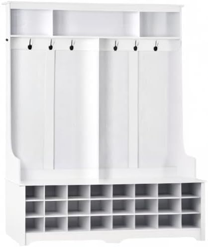 Wide Hallway Coat Rack Hall Tree with Shoe Storage Rack, 24 Cubes 6 Hooks and 3 Top Shelves, Large Storage Bench for Entrance, Enterway (White)