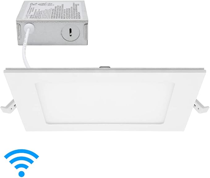 Maxxima Luvoni 6 in. Smart WiFi Slim Square LED Downlight - CCT 2700K-6500K, 900 Lumens, 12 Watt Dimmable Flat Panel Light Fixture, J-Box Included