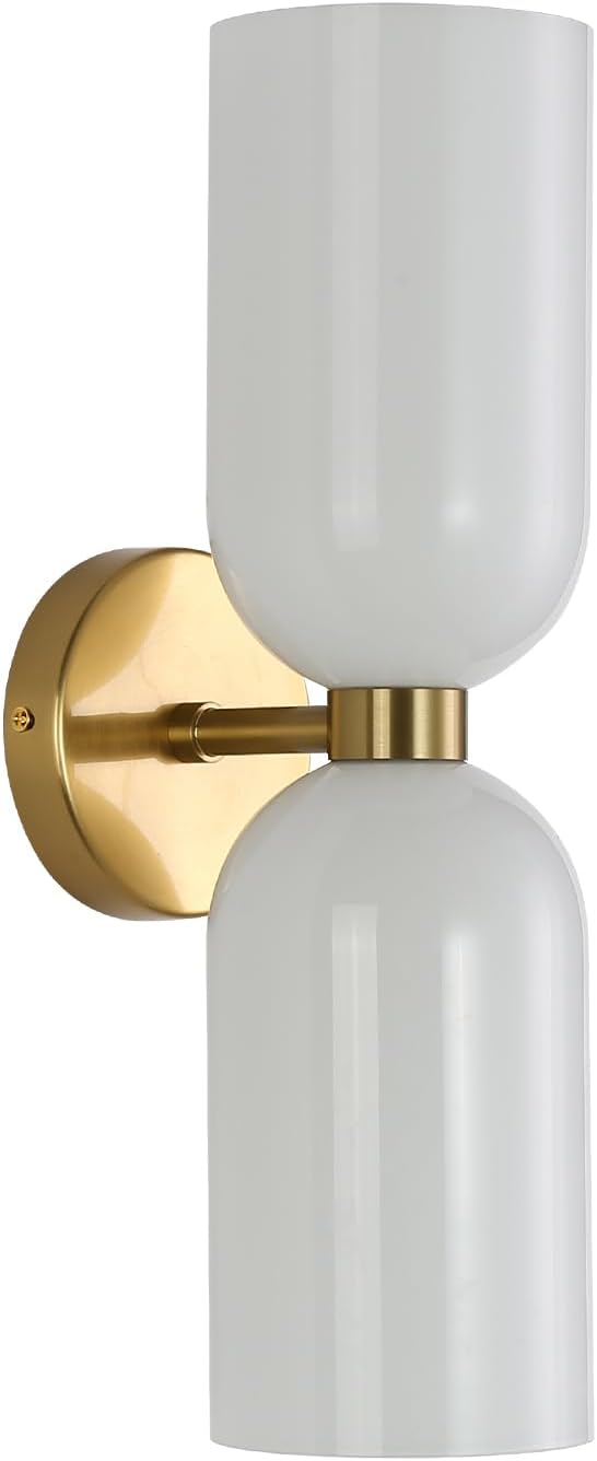 Minimalist 2-Light Gold Wall Sconces with Cylinder Glass Shades- Mid Century Vanity Wall Double Lights Hardwired- Modern Indoor Glass Wall Mounted Art Decor Lights (Milky White, 1 Pack)