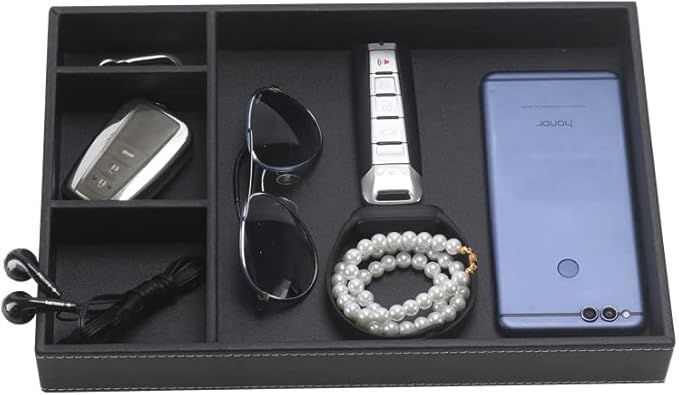 Guestroom Decoration Tray, Nightstand or Dresser Organizer, Valet Tray, 4 Compartment PU Leather Drawer Storage Organizer