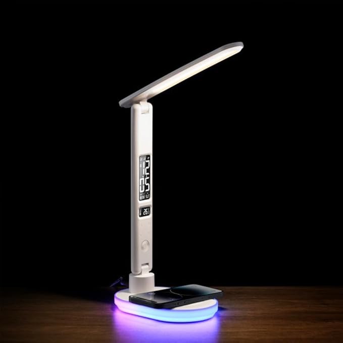 AYI 5IN1 Multifunctional LED Desk Lamp15W Qi Wireless Charger Digital Alarm Clock Ambient Light & Temperature Display Adjustable Eye-Care Table Lamp with Leather Texture Design Table Lamp-U20 White