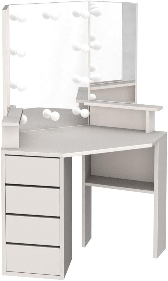 Vabches Corner Vanity Desk with Lighted Mirror & Power Strip,White Makeup Vanity Table with Lights,42 inch Corner Vanity Mirror with Lights and 4 Drawer, 3 Lighting Modes, Brightness Adjustable