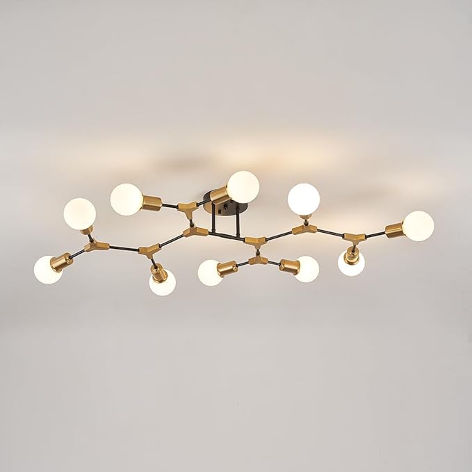 Mid Centur Modern 10 Light Semi Flush Mount Ceiling Lighting Fixture for Dining Room Living Room Bedroom Aisle Kitchen Restaurant,Metal Gold and Black Sputnik Chandelier