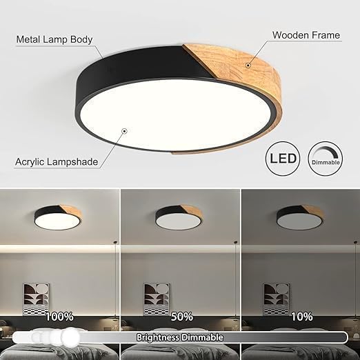 Vikaey Modern Dimmable Wood Ceiling Light, Minimalist LED 5CCT 2700K-6000K Flush Mount Ceiling Light Fixture, Round Lighting Lamp for Bedroom, Laundry Room, Hallway, Entryway, Black, 11.8"