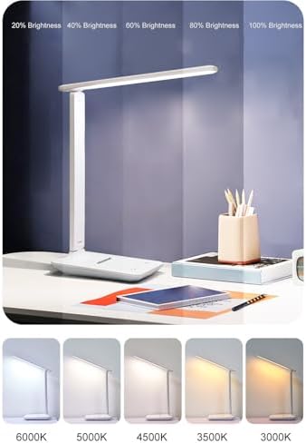 BAFOVY LED Desk Lamp, Foldable Eye Caring Table Lamp with Touch Control 5 Color Temperatures 5 Dimmable Levels USB Charging Port for Home Office Reading Study (White)