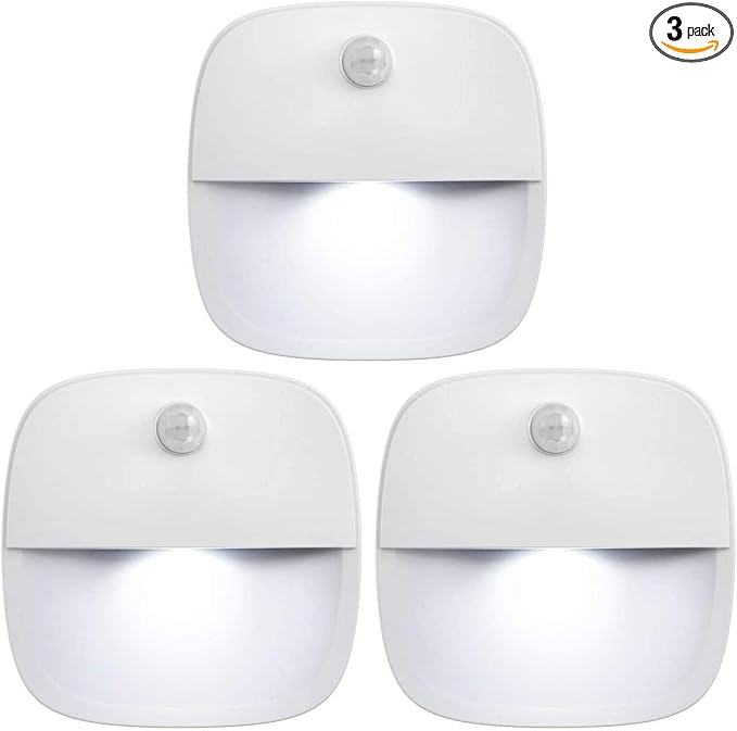 AMIR Upgraded Motion Sensor Light Indoor, Stair Lights Battery Operated, Cordless Stick-On LED Night Light for Closet, Hallway, Bathroom, Kitchen, Cabinet, Energy Efficient (White - Pack of 3)