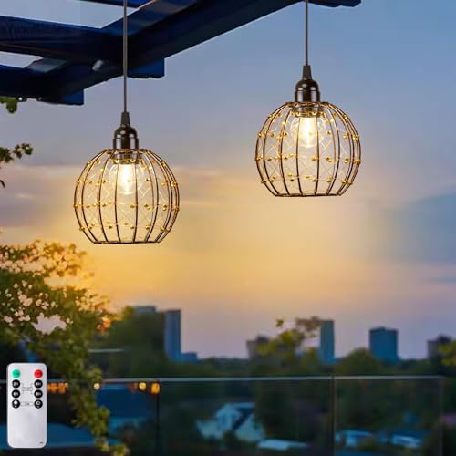 TWINKVILLA Hanging Pendant Lights, Battery Operated Outdoor Chandelier with Warm White LED Bulb for Patio Tree Pergola Gazebo Porch (Beaded Ball-G50-2PK)