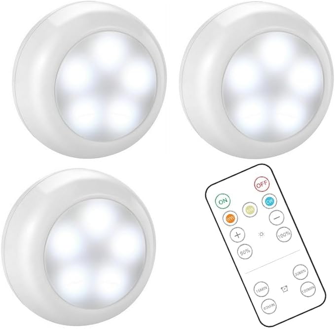 BLS Wireless LED Puck Lights with Remote Control, AA-1030 Battery Operated Lights with 3 AA Batteries, Stick on LED Under Cabinet Lighting with Timer& Dimmable, Cool White and Warm White (3 Pack)