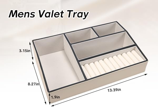 Faux Leather Valet Tray – 5-Compartment Desk Jewelry Trays, Phone Watch Organizer Catch-All Tray for Keys Wallet, Dresser Nightstand Office Entryway Storage (White)