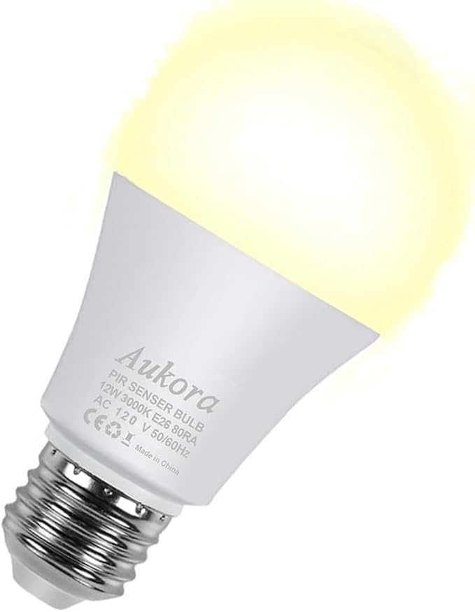 Motion Sensor Light Bulbs, Aukora 12W (100-Watt Equivalent) E26 Motion Activated Dusk to Dawn Security Light Bulb Outdoor/Indoor for Front Door Porch Garage Basement Hallway Closet(Warm White 1 Pack)