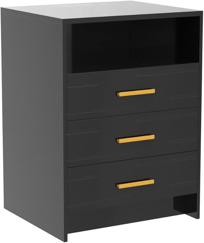 HNEBC Black Nightstand with Wireless Charging Station and Lights, 3 Drawers, Modern Bedside Table with Human Sensor for Bedroom