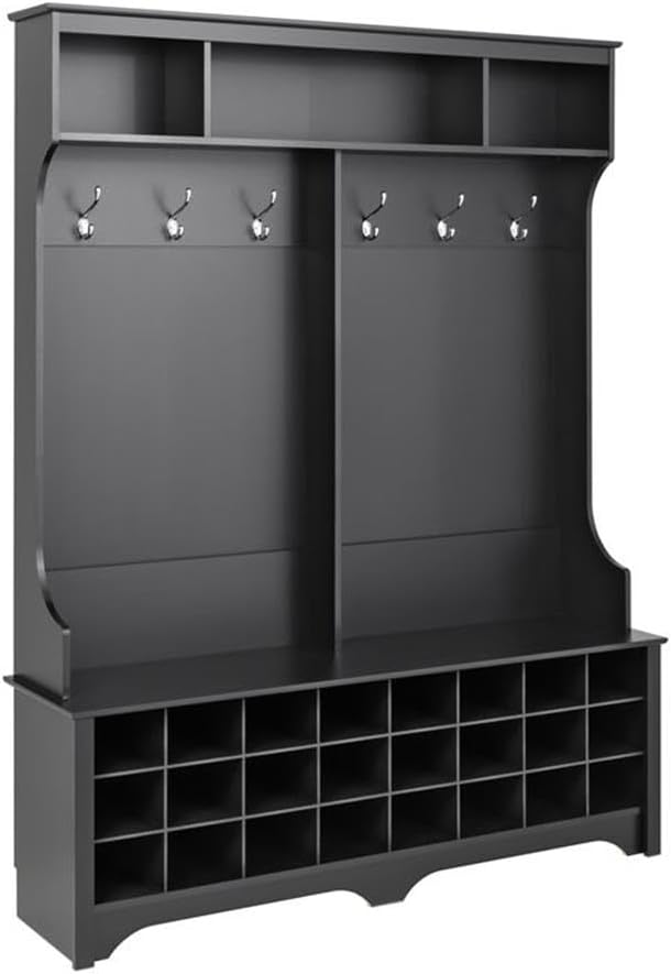Prepac Black Hall Tree, Shoe Cabinet, Storage Cabinet with 24 Shoe Cubbies and 6 Double Coat Hooks 15.5" D x 60" W x 77" H