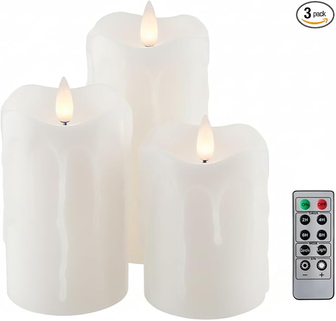 Flameless Pillar Candles Flickering with Remote Timer, Battery Operated LED Candles Up to 400 Hours, 3D Moving Flame Real Wax Candles. (White with Dripping Tear)