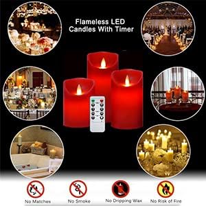 Flameless Battery Operated LED Candles, Remote Control Electric Realistic Candles Flickering Real Wax 4/5/6 Inch 3PACK with 2/4/6/8 Hour Timer for Home Decor Holidays Party (Red)