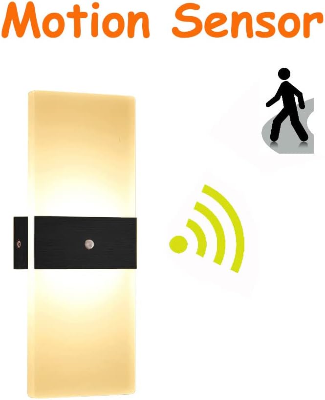 LED Motion Sensor Wall Lamp Security Light 12W SMD 2835 Acrylic Up/Down Wall Sconce Light Motion Activated Porch Lamp Fixture Modern Lighting for Stairway Patio Aisle Brushed Black 3000K