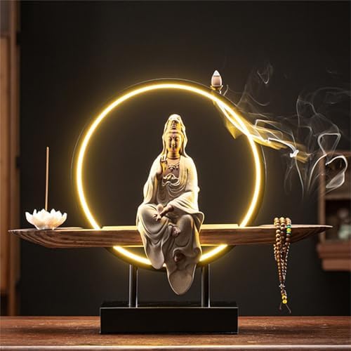 LED Ring Light Ceramic Buddha Statue Incense Burner - Decorative Bonsai Tree Figurine for Home & Office Decor, Relaxation & Meditation Accessories
