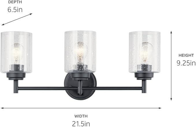 Kichler Winslow 21.5” Vanity Light in Black with Clear Seeded Glass, 3-Light Modern Bathroom Lighting Fixture, 45886BK