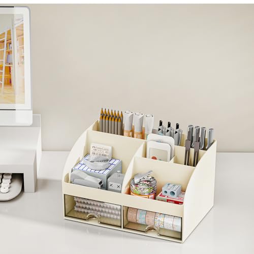 COMFYROOM Desk Organizer with 6 Compartments and 2 Drawers, Plastic Makeup Organizer, Pen Holder for Desktop Storage, Desk Organization for School, Home, Office Supplies (Ivory) - Image 5