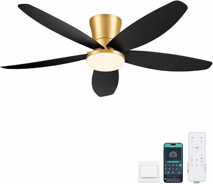 42" Ceiling Fans with Lights-Low Profile Ceiling Fan with Light and Remote/APP Control,Flush Mount Gold Ceiling Fan with Reversible Black Blades