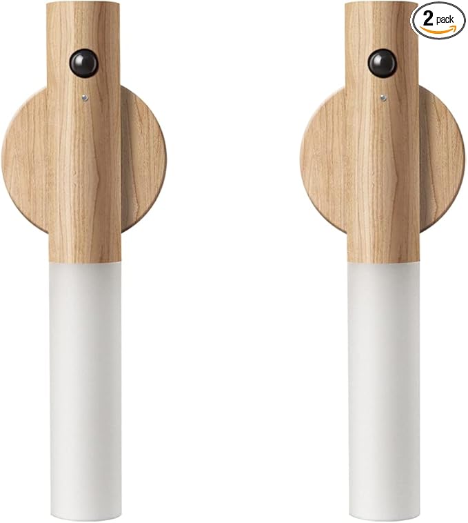 Wooden LED Night Lights Motion Sensor Indoor Magnet Body Rechargeable Wall Mounted Torch Light for Bedroom, Hallway, Stairway and More(White Ash Wood 2PCS)