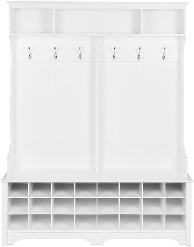 Prepac White Hall Tree, Shoe Cabinet, Storage Cabinet with 24 Shoe Cubbies and 6 Double Coat Hooks 15.5" D x 60" W x 77" H