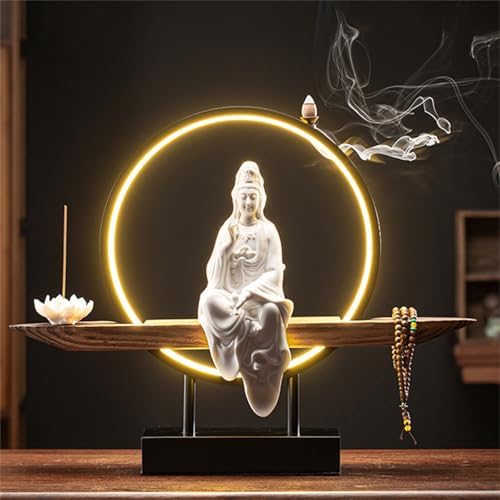 Buddha Statue Indoor Incense Burner with LED Light - Decorative Ceramic Bonsai Tree Figurine for Home & Office Décor, Unique Meditation Gift & Relaxation Accessory