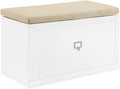 BOWERY HILL Modern Wood Entryway Bench, 20.5" H x 33" W x 16.5" D, White/Tan Finish, Linen Seat Cushion, Large Storage Drawer, Modular Design, Living Room or Entryway Furniture
