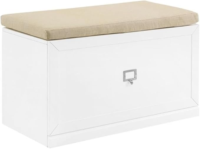BOWERY HILL Modern Wood Entryway Bench, 20.5" H x 33" W x 16.5" D, White/Tan Finish, Linen Seat Cushion, Large Storage Drawer, Modular Design, Living Room or Entryway Furniture