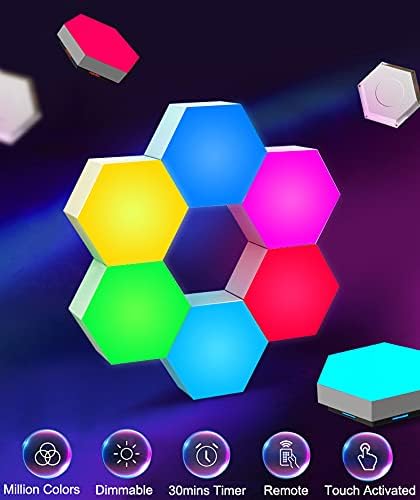Hexagon Gaming Lights Remote Controlled, RGB LED Wall Lights Touch-Sensitive DIY Geometric Modular Light Panels with Stand, Infinitely Splicing for Gaming Living Room Bedroom TV Decor, 7 Pack