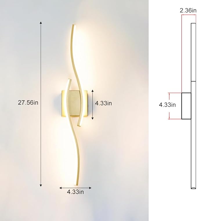 Modern Gold Wall Light Fixture Set of 2, RC Dimmable LED Wall Light Indoor, LED Wall Decor for Hallway Bedroom Living Room, Hardwired Wall Sconce with Remote Control, 27.56" in, Timer, Memory