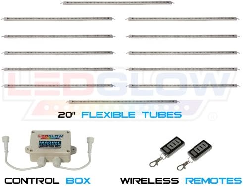 LEDGlow 12pc Million Color LED Boat Marine Deck & Cabin Accent Lighting Kit - 20" Waterproof Flexible Light Strips - Screw Cap Connectors with O-Rings - Includes Control Box & Wireless Remote