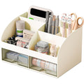 COMFYROOM Desk Organizer with 6 Compartments and 2 Drawers, Plastic Makeup Organizer, Pen Holder for Desktop Storage, Desk Organization for School, Home, Office Supplies (Ivory)