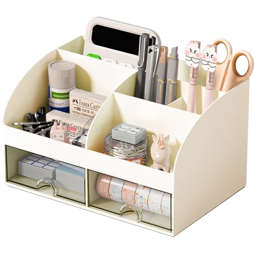 COMFYROOM Desk Organizer with 6 Compartments and 2 Drawers, Plastic Makeup Organizer, Pen Holder for Desktop Storage, Desk Organization for School, Home, Office Supplies (Ivory)