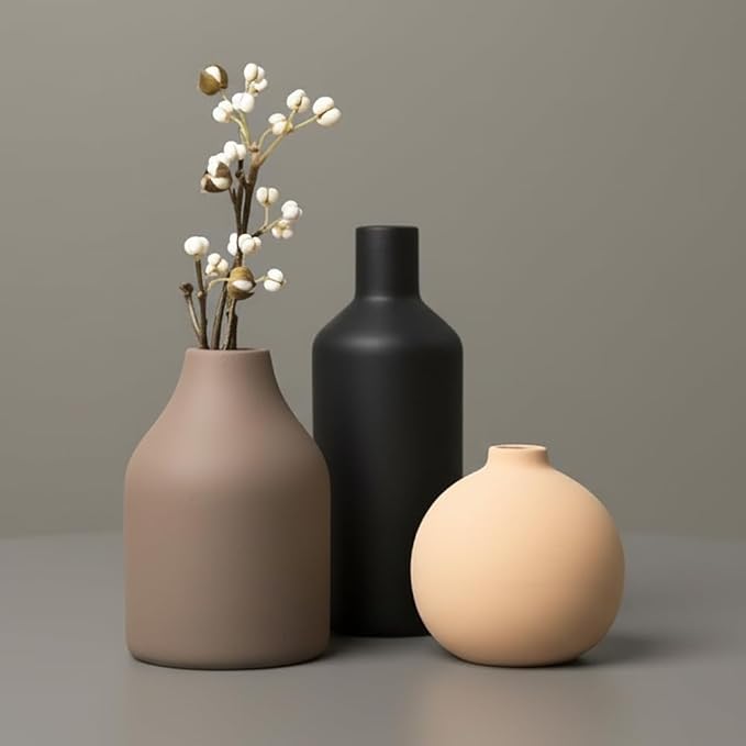 Ceramic Vase Set of 3 - Modern Farmhouse Decorative Vases for Home Decor. Boho, Rustic Vase, Small Neutral Pottery Vase Sets for Table, Shelf, Entryway, Living Room, Kitchen, Bedroom, Bathroom, Office