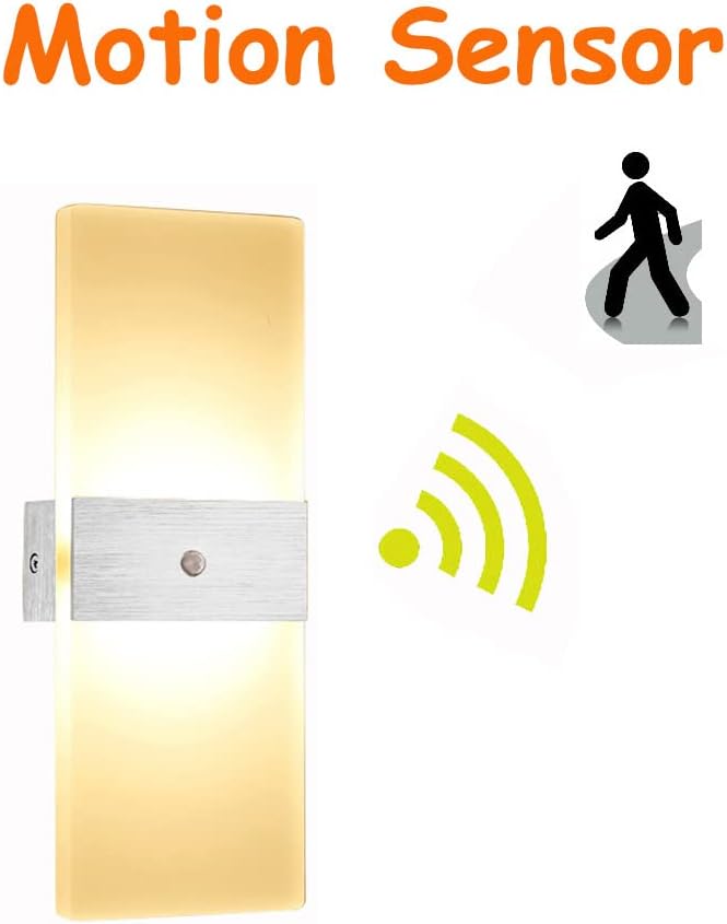 LED Motion Sensor Wall Lamp Security Light 12W SMD 2835 Acrylic Up/Down Wall Sconce Light Motion Activated Porch Lamp Fixture Modern Lighting for Stairway Patio Aisle Brushed Silver 3000K