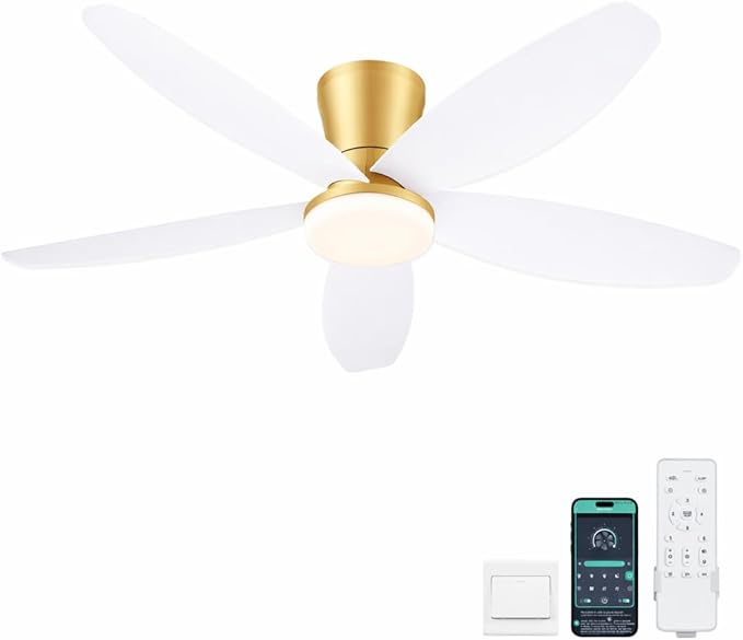 42" Ceiling Fans with Lights-Low Profile Ceiling Fan with Light and Remote/APP Control,Flush Mount Gold Ceiling Fan with Reversible White Blades