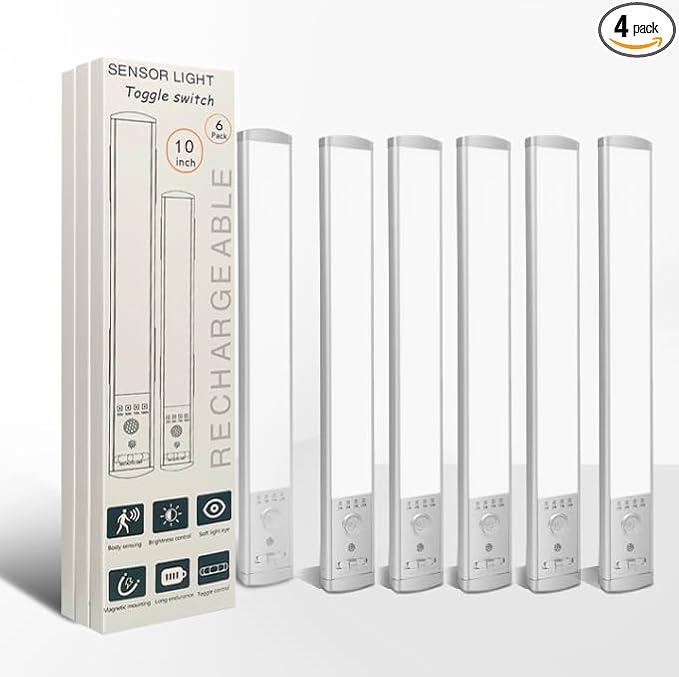 Under Cabinet Lighting, 6Pack Motion Sensor Light Indoor with 3 Color Temps, Rechargeable Under Counter Lights for Kitchen,Dimmable Closet Lights Battery Operated, 76 LED Motion Sensor Light Indoor