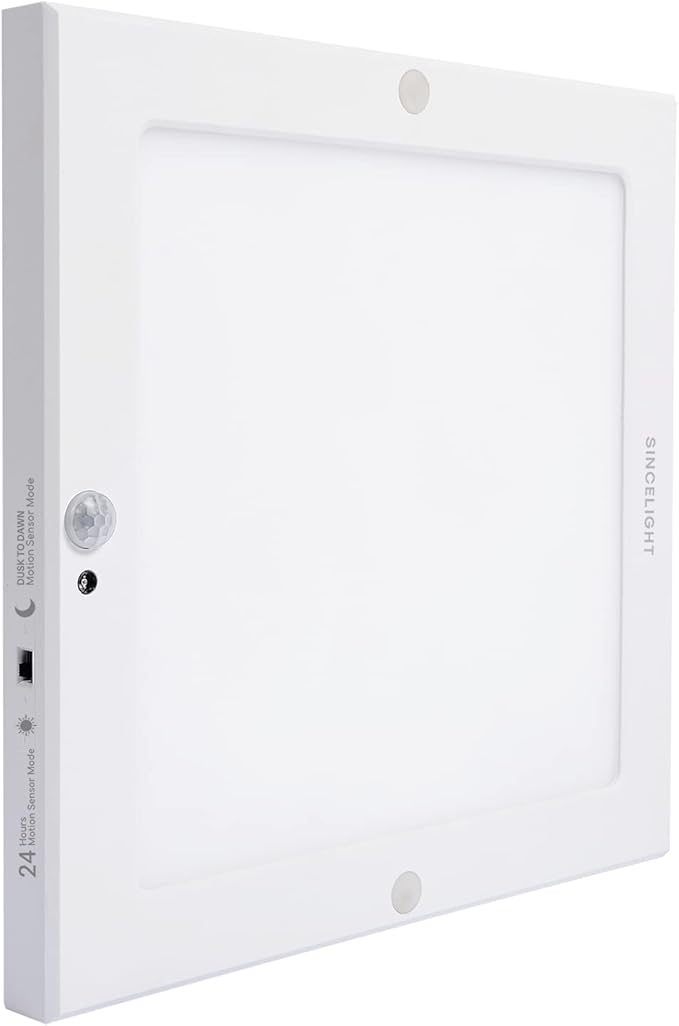 SINCELIGHT PIR LED Motion Sensor Ceiling Mounted Light Fixture, 18W Ultrathin Panel Shape, ON/Off Automatic from Dusk to Dawn (or Day&Night), Dual Sensor Mode Switchable