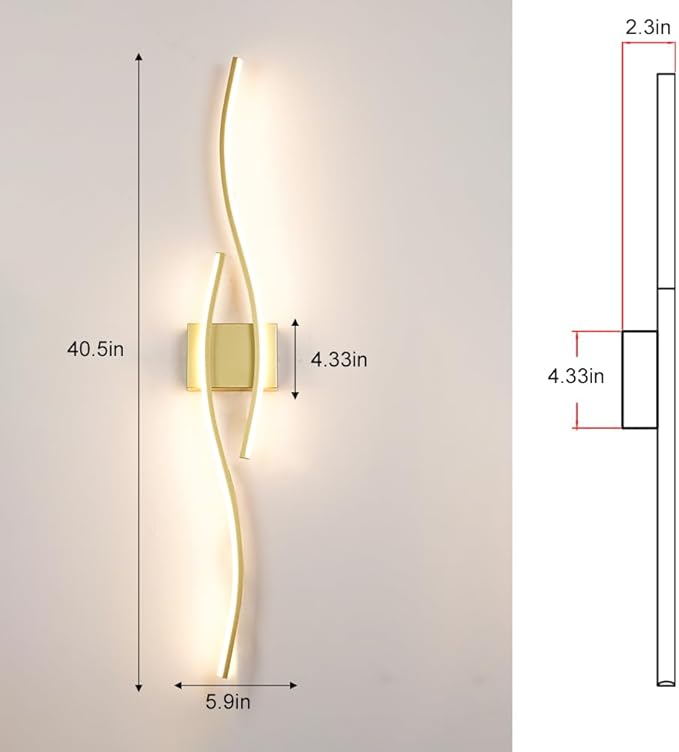 Modern Wall Sconces Set of 2, Dimmable LED with Remote Control, Gold Indoor Wall Sconce, Hard Wired Wall Lights for Living Room, LED Wall Decor for Hallway, Bedroom, 40.5"in, 3 Color, Timer, Memory