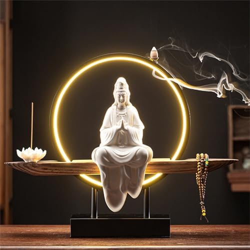 Indoor Ceramic Buddha Incense Burner with LED Light & Bonsai Tree Figurine - Elegant Home & Office Décor, Relaxation & Meditation Accessory, Unique Gift Idea