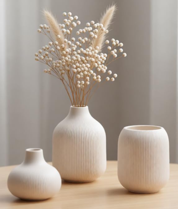 White Ceramic Vases for Decor, 3 Set Small Modern Minimalist Ribbed Vases Decorative for Table Shelf Decor Bookshelf Decoration Vase