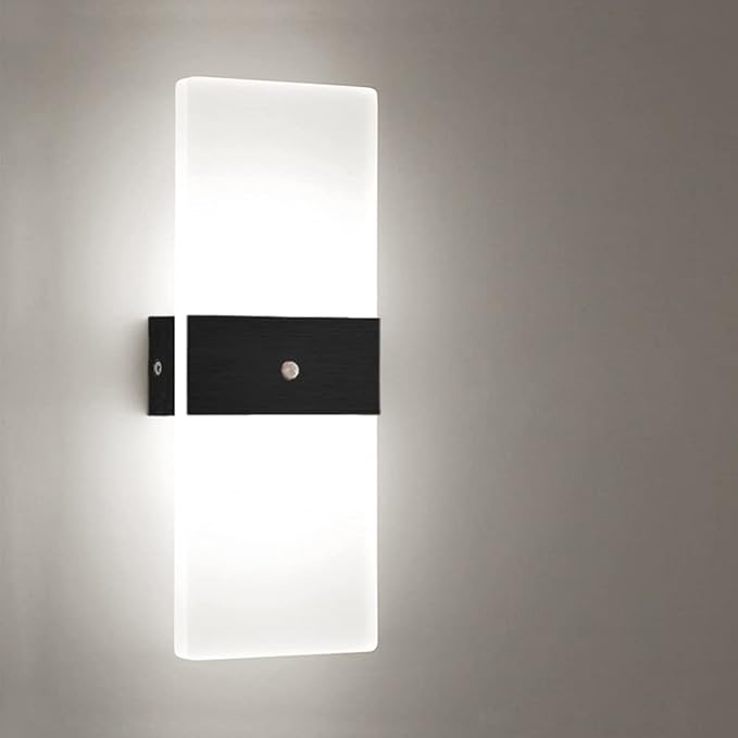 LED Motion Sensor Wall Lamp Security Light 12W SMD 2835 Acrylic Up/Down Wall Sconce Light Motion Activated Porch Lamp Fixture Modern Lighting for Stairway Patio Aisle Brushed Black 6000K